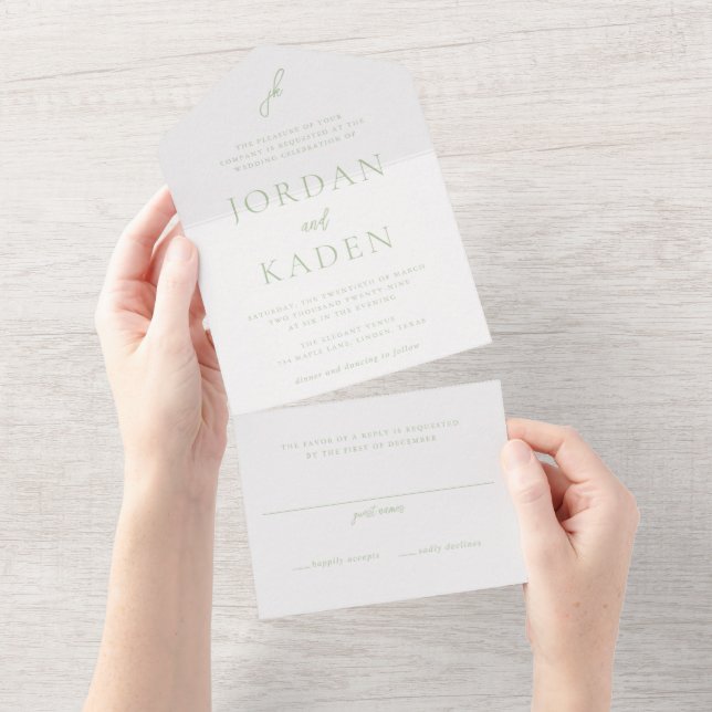 Invitation Tout En Un Élégant Monogramme de Mariage en Vert Sauge et Écr (Déchirure)