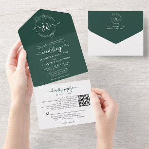 Invitation Tout En Un Élégant Monogramme d'émeraude florale QR Code Mari