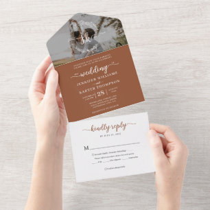 Invitation Tout En Un Élégant Monogramme En Terracotta Photo Mariage Rsv