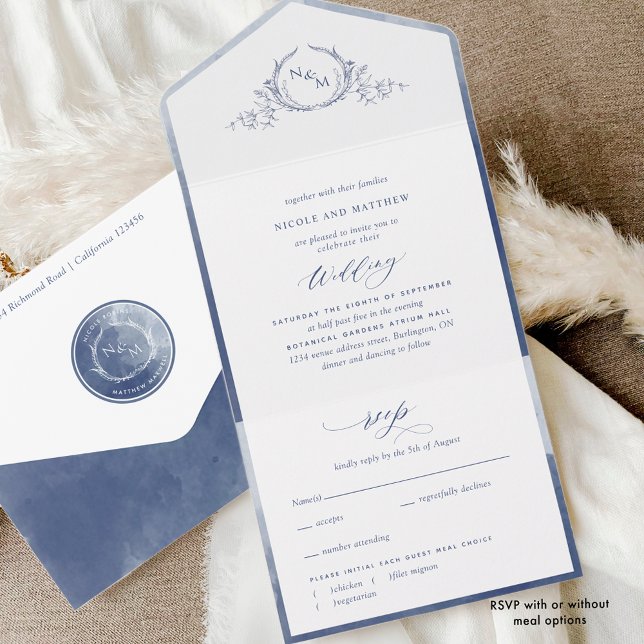 Invitation Tout En Un Élégant Monogramme et Mariage bleu marine (Créateur téléchargé)