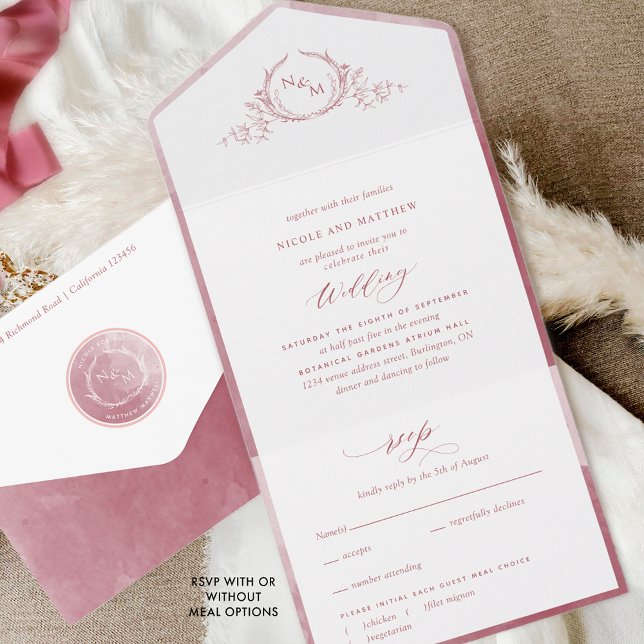 Invitation Tout En Un Élégant Monogramme et Mariage d'aquarelle Bourgogn (Créateur téléchargé)