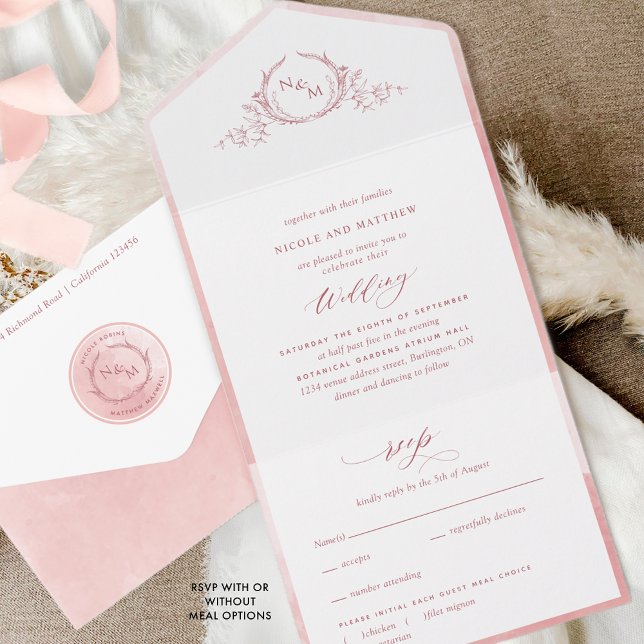 Invitation Tout En Un Élégant Monogramme et Mariage d'aquarelle rose (Créateur téléchargé)
