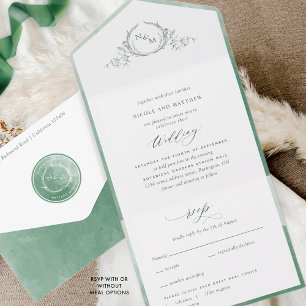 Invitation Tout En Un Élégant Monogramme et Mariage d'aquarelle verte