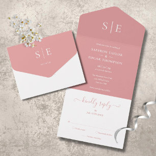 Invitation Tout En Un Élégant Monogramme moderne Dusty Rose Mariage
