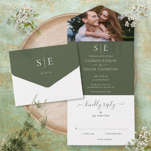Invitation Tout En Un Élégant Monogramme Photo Mariage Vert Olive