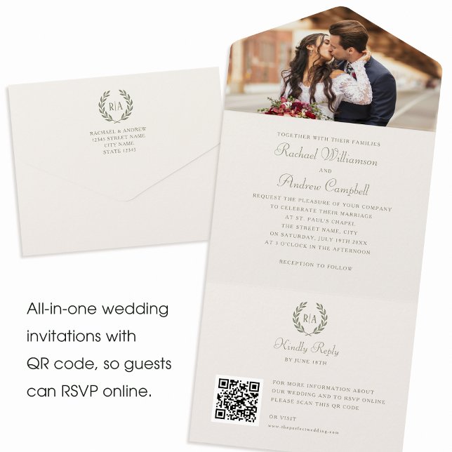 Invitation Tout En Un Élégant Monogramme photo QR Green Cream Mariage (Créateur téléchargé)