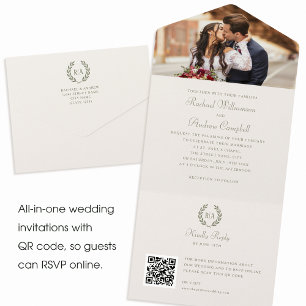 Invitation Tout En Un Élégant Monogramme QR Code Sage Mariage vert