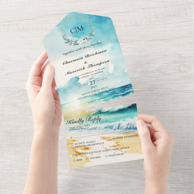 Invitation Tout En Un Élégant Monogramme Summer Beach Mariage Tout en un (Déchirure)