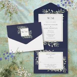 Invitation Tout En Un Élégant Monogramme Vert Mariage bleu marine