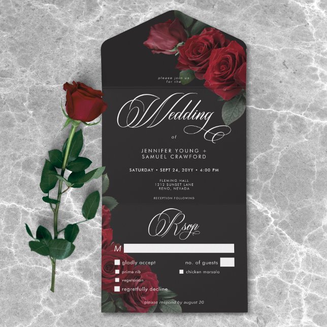 Invitation Tout En Un Élégant Moody Blood Red Roses Mariage Dîner (Elegant Moody Blood Red Roses Wedding Dinner All In One Invitation)