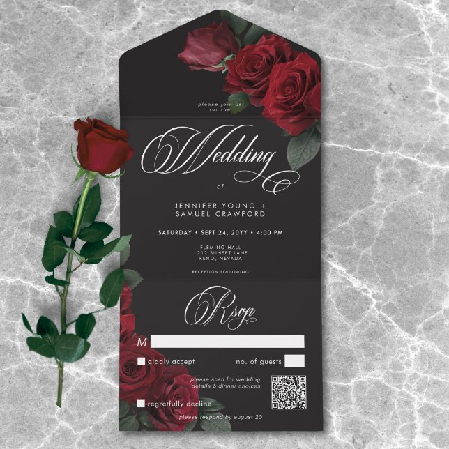 Invitation Tout En Un Élégant Moody Blood Red Roses Mariage QR Code (Elegant Moody Blood Red Roses Wedding QR Code All In One Invitation)