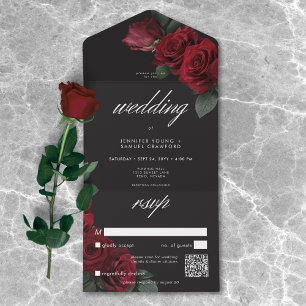 Invitation Tout En Un Élégant Moody Blood Red Roses Mariage QR Code
