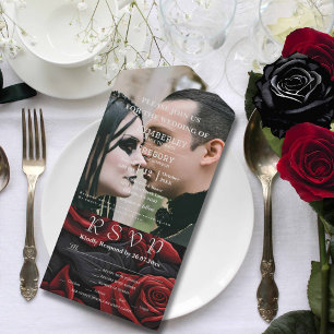 Invitation Tout En Un Élégant Moody Dark Gothic Rose rouge sur photo noi