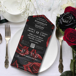 Invitation Tout En Un Élégant Moody Dark Red Rose Floral QR Code
