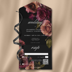 Invitation Tout En Un Elégant Moody Muted Rust & Burgundy Floral QR Code
