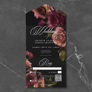 Invitation Tout En Un Elégant Moody Muted Rust & Burgundy Floral QR Code