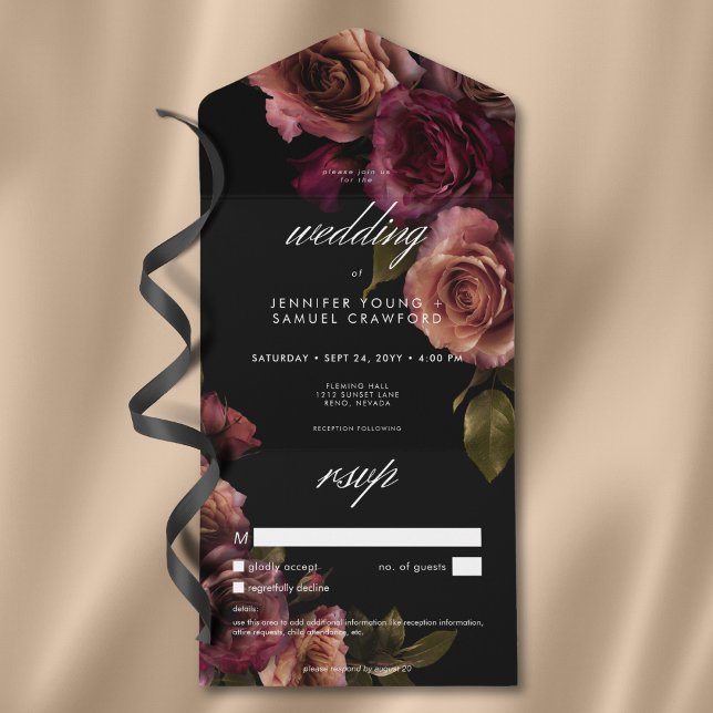 Invitation Tout En Un Elégant Moody rouille bouillie Bourgogne Floral Pa (Elegant Moody Muted Rust Burgundy Floral No Dinner All In One Invitation)