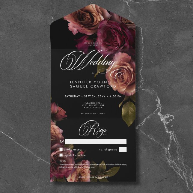 Invitation Tout En Un Elégant Moody rouille bouillie Bourgogne Floral Pa (Elegant Moody Muted Rust & Burgundy Floral Wedding All in One Invitation)