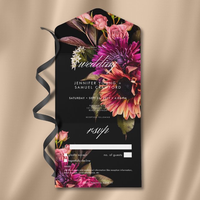 Invitation Tout En Un Élégant Moody Vibrant coucher de soleil Floral Pas (Elegant Moody Vibrant Sunset Floral No Dinner All In One Invitation)