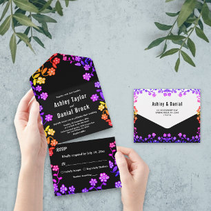 Invitation Tout En Un Elégant Neon Colors Rose Moderne Floral Mariage