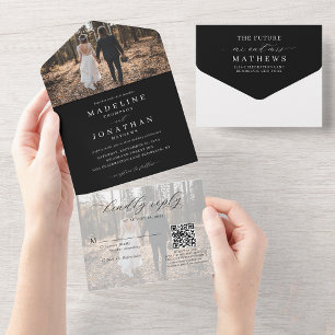 Invitation Tout En Un Élégant noir blanc 2 photo QR Code Mariage