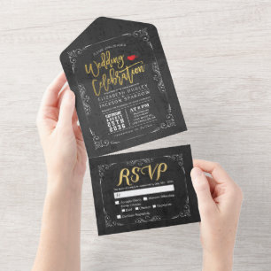 Invitation Tout En Un Elégant Noir Blanc Or Floral Frame Mariage RSVP