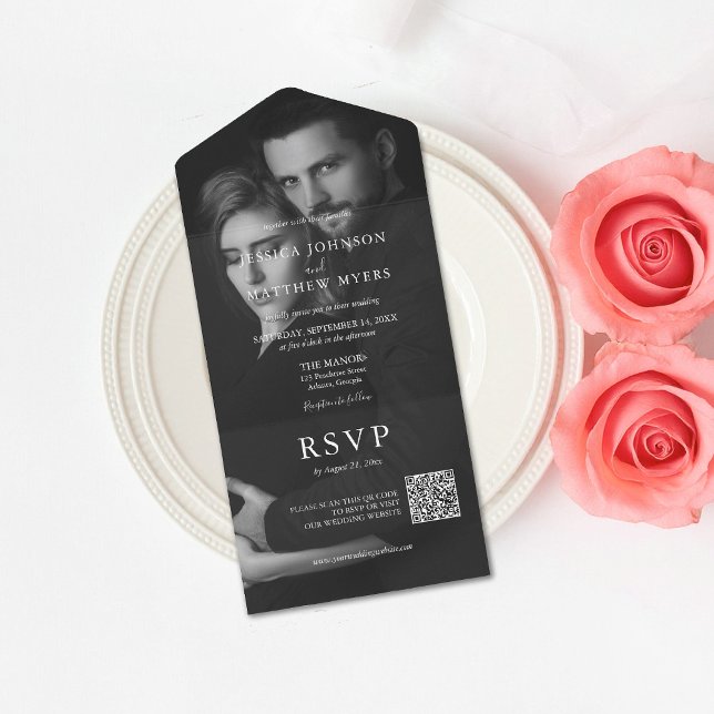 Invitation Tout En Un Élégant noir et blanc photo QR Code All-in-one (Créateur téléchargé)