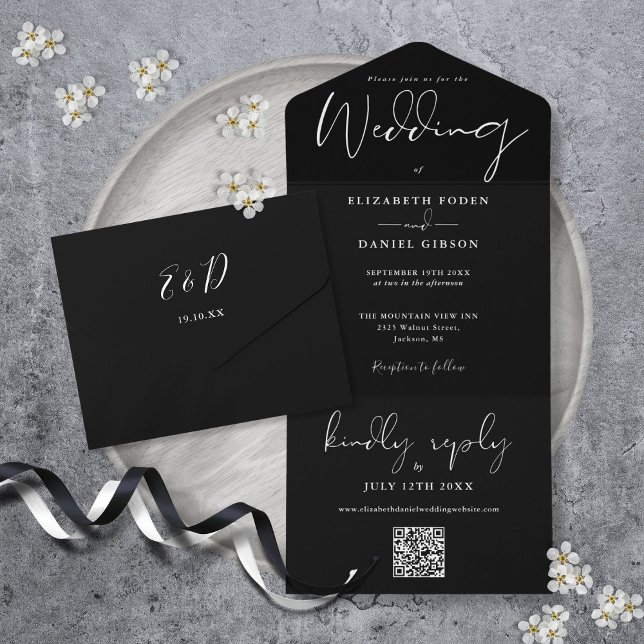 Invitation Tout En Un Élégant noir et blanc QR Code Monogramme Mariage (Elegant Black And White QR Code Monogram Wedding All In One Invitation)