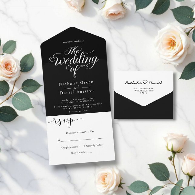 Invitation Tout En Un Élégant noir et blanc Script Mariage simple (Créateur téléchargé)