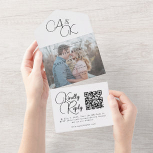 Invitation Tout En Un Élégant noir noir Monogramme Mariage photo