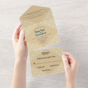 Invitation Tout En Un Élégant Ornate Damask Script Beige Classic Mariage