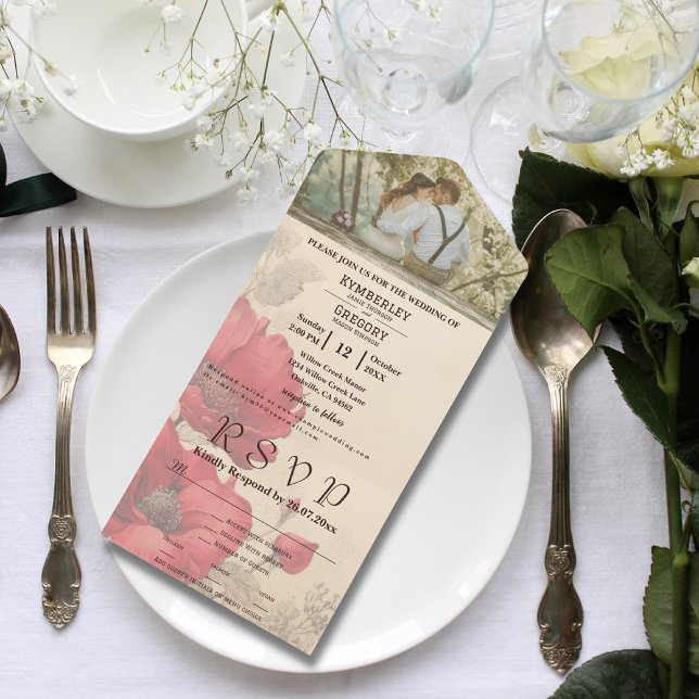 Invitation Tout En Un Élégant pavot à fleurs rouges sur crème Couple Pho (Créateur téléchargé)