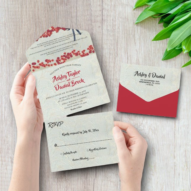 Invitation Tout En Un Elégant Pays Bourgogne Floral Rustic Mariage (Créateur téléchargé)