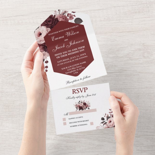 Invitation Tout En Un Élégant Peach Pink Burgundy Floral Mariage (Déchirure)