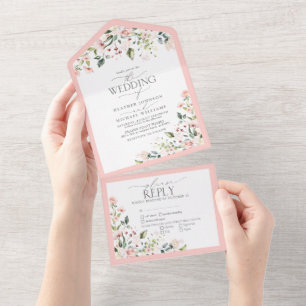 Invitation Tout En Un Elégant Peach Rose Aquarelle Mariage de repas flor