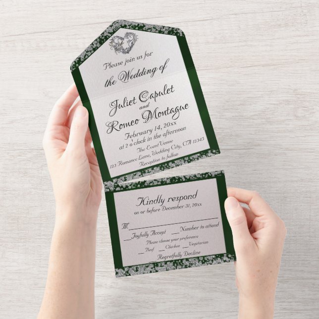 Invitation Tout En Un Elegant Pearl, Emerald Ribbon & Parties scintillan (Déchirure)