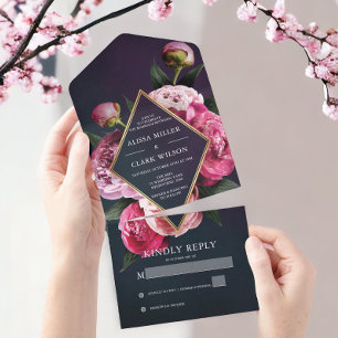 Invitation Tout En Un Elégant Peonies Gold Frame Mariage moderne