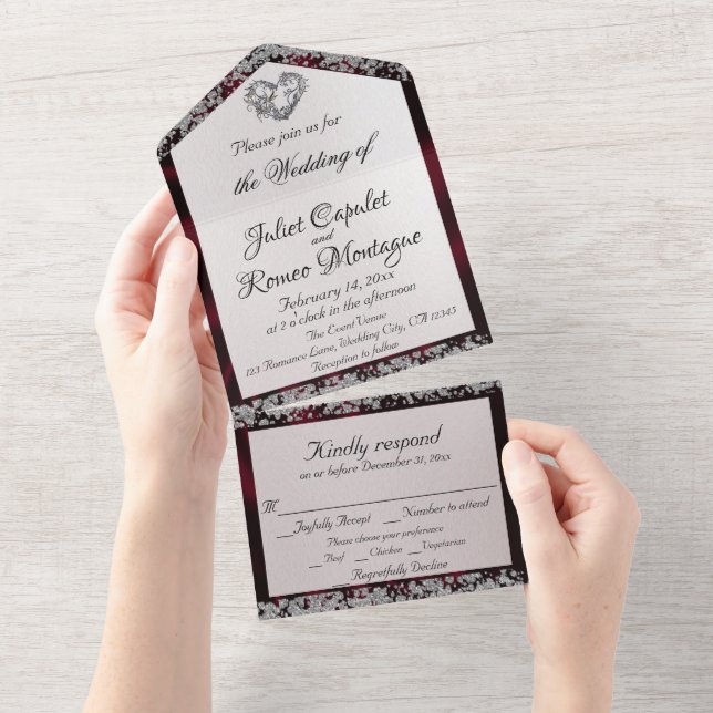 Invitation Tout En Un Elegant Perle, Ruban Bourgogne et Frontières Parti (Déchirure)