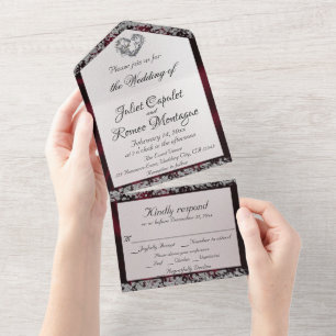 Invitation Tout En Un Elegant Perle, Ruban Bourgogne et Frontières Parti