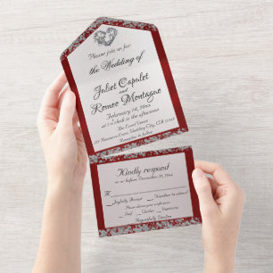 Invitation Tout En Un Elégant Perle, ruban rouge et Parties scintillant