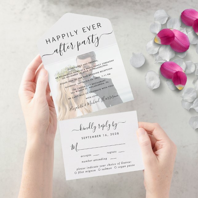 Invitation Tout En Un Elegant Photo Meal Choice RSVP Wedding Reception (An chic Happily Ever After Party all-in-one invitation for your wedding celebration)