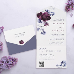 Invitation Tout En Un Élégant Plum violet & Indigo Mariage Floral bleu