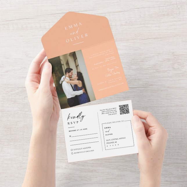 Invitation Tout En Un Elégant Poche moderne Boho QR Code photo RSVP (Déchirure)