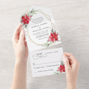 Invitation Tout En Un Élégant Poinsettia Mariage de verdure hivernale