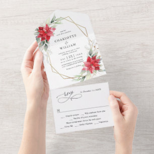 Invitation Tout En Un Élégant Poinsettia Mariage de verdure hivernale