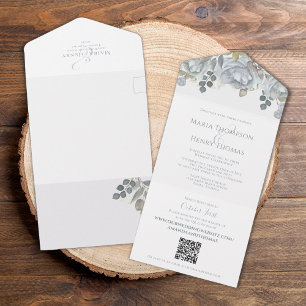 Invitation Tout En Un Elégant QR Code bleu Floral RSVP en ligne simple