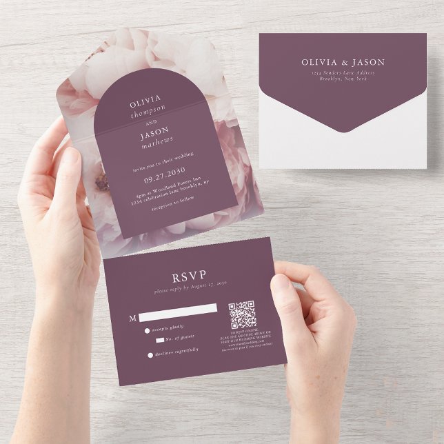 Invitation Tout En Un Élégant Regal Purple Peonies Arch QR Code Mariage (Créateur téléchargé)