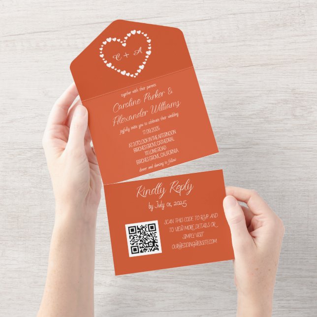 Invitation Tout En Un Elégant Retro Orange moderne Unique RSVP QR Code (Déchirure)