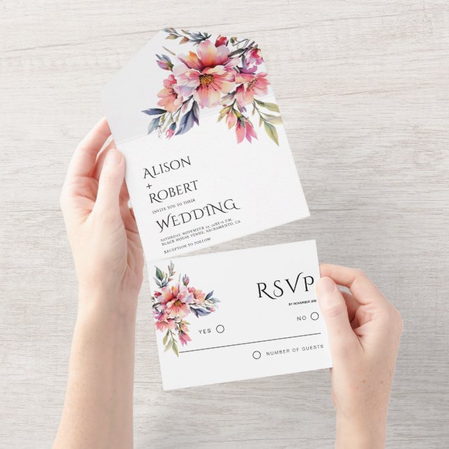 Invitation Tout En Un Elegant rhododenron peach-pink flowers wedding (Déchirure)