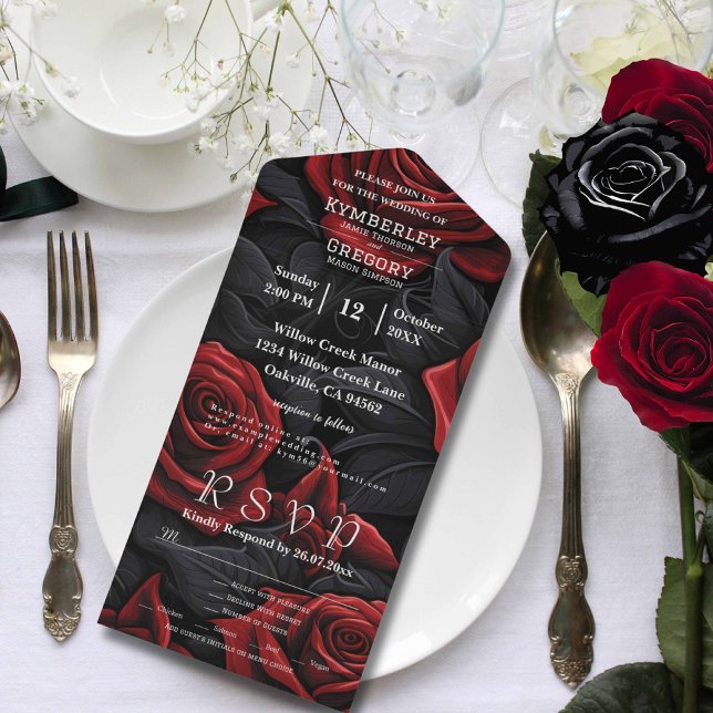 Invitation Tout En Un Élégant Rose floral rouge foncé sur noir E-mail (Créateur téléchargé)